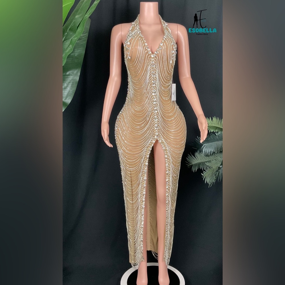 Rhinestone Embellished Chain Maxi Dress
